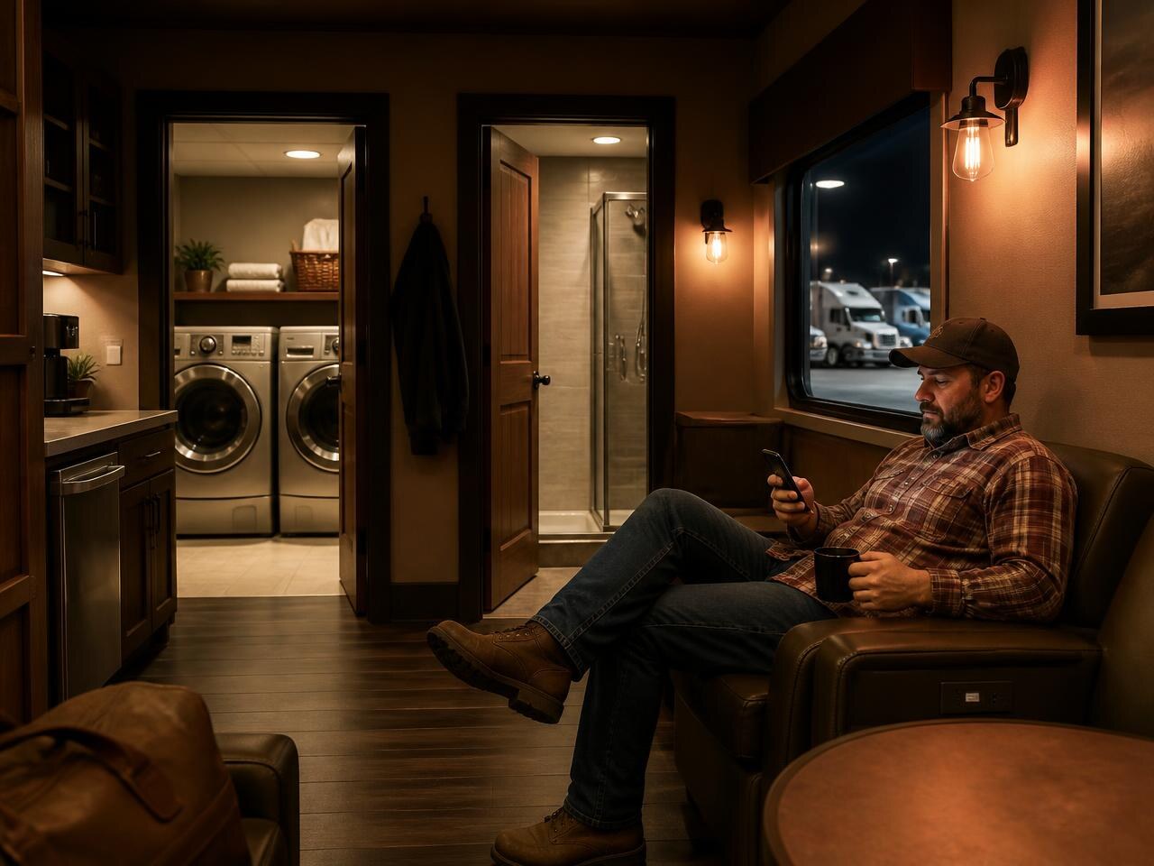 Warm driver lounge interior at night with seating, laundry machines and a private shower room door