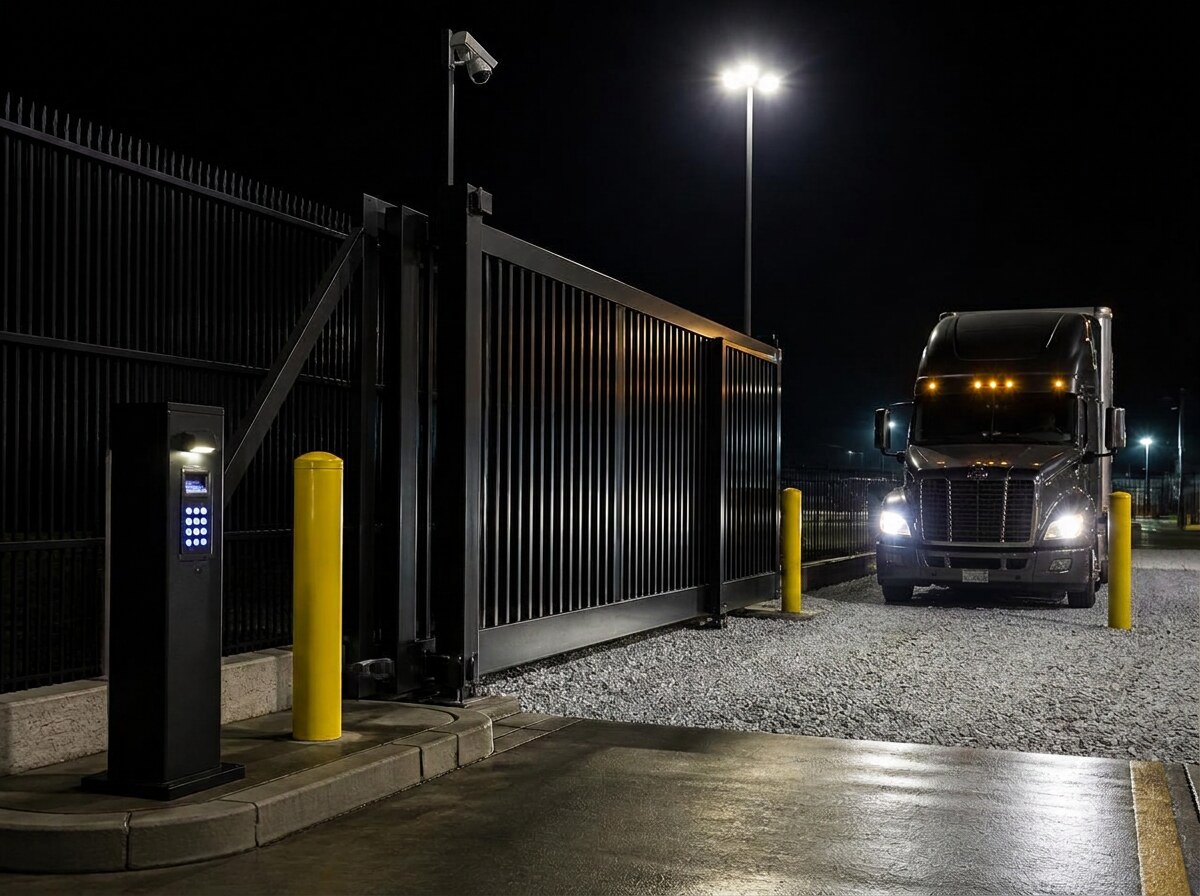 Controlled sliding gate at night with credential reader pedestal, bollards and a tractor waiting to enter