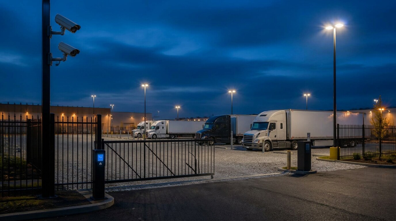 Blue-hour view of a fenced, brightly lit commercial truck yard on graded compacted gravel, with a closed access gate, credential reader and pole-mounted cameras