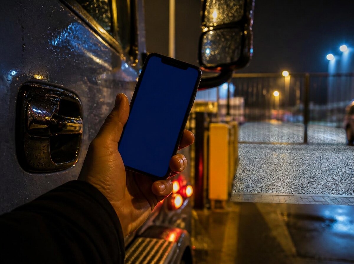 Driver holding a phone beside a tractor at a lit, gated yard entrance at night