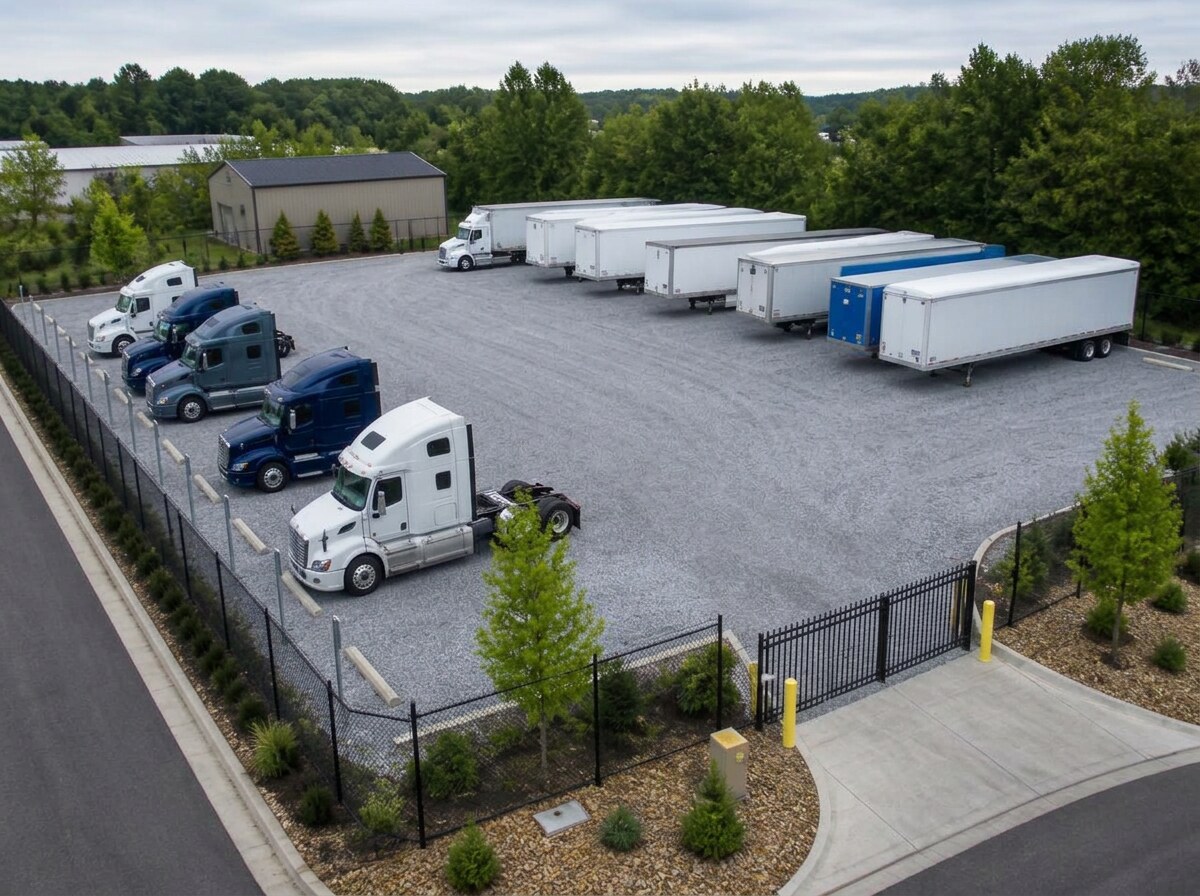 Elevated view of a compact secured yard on graded compacted gravel, with numbered posts and wheel stops organizing tractor and trailer positions